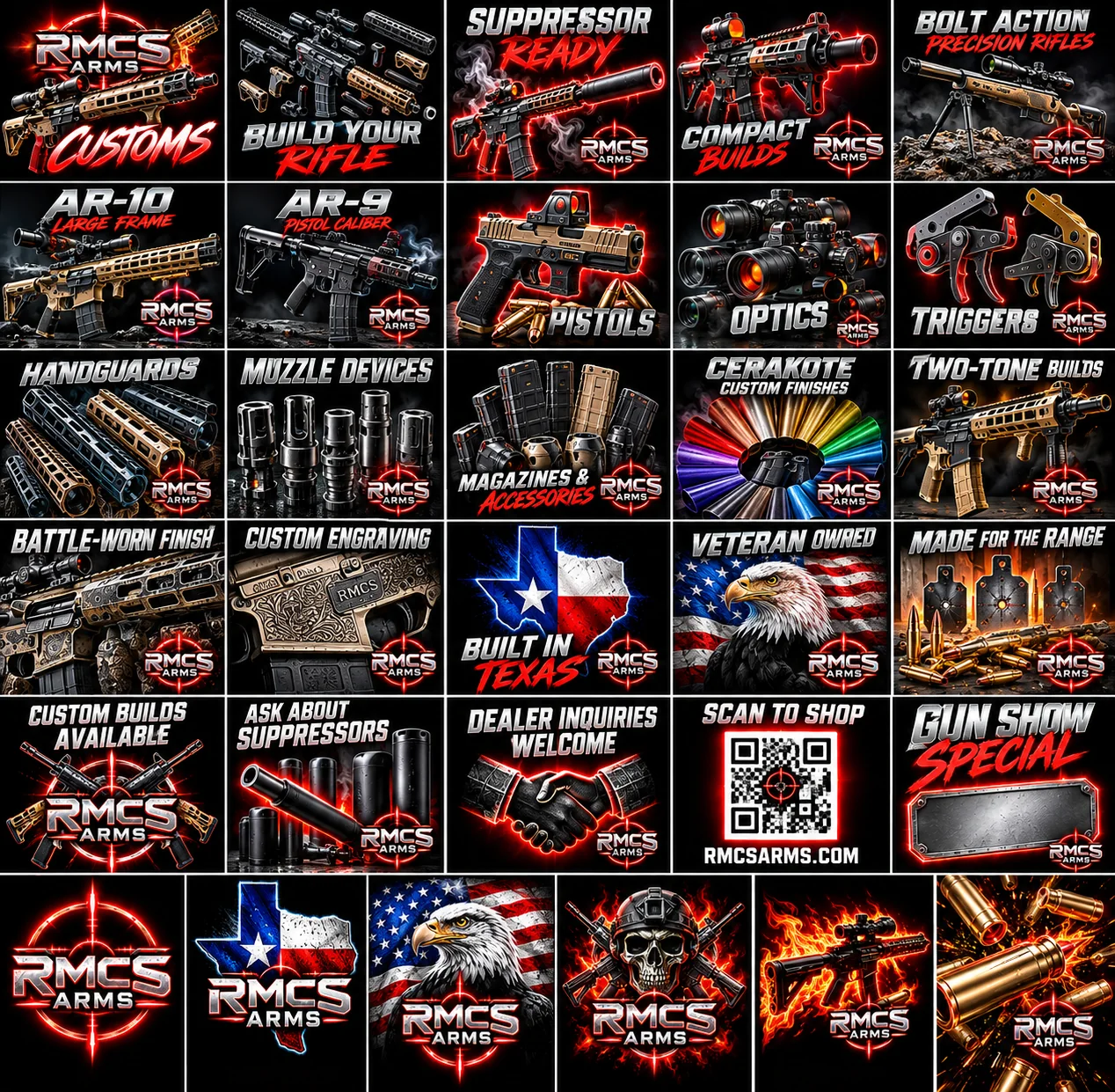 RMCS Arms product categories showing rifles, handguards, muzzle devices, optics and related components